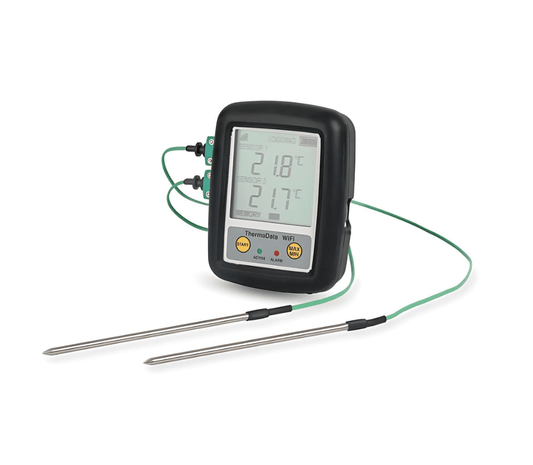 Kit de surveillance de la température sans fil à usage général de Thermometer.fr avec double sondes affichant des lectures en Celsius, adaptées pour la surveillance des températures, sur fond blanc.