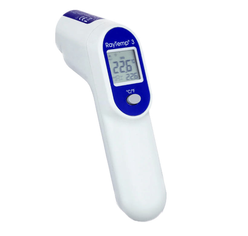 Un thermomètre infrarouge ETI Commander mes certificats d’étalonnage sur fond blanc.