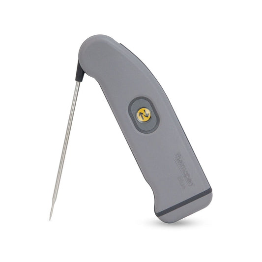 un piccolo termometro bluetooth wireless Thermapen® Blue grigio su sfondo bianco. (Marchio: Thermometer.fr)