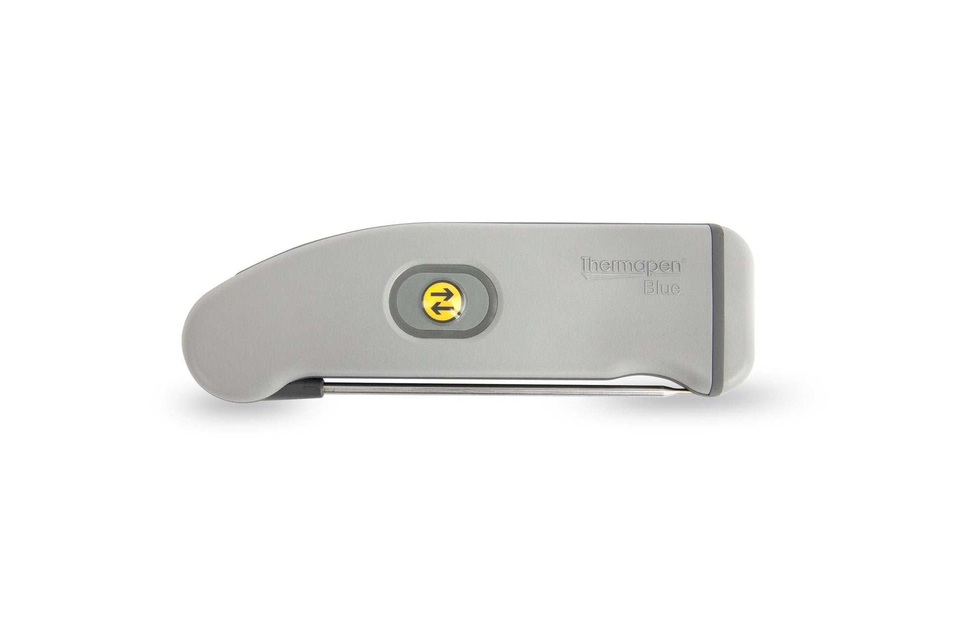 un petit Thermomètre bluetooth sans fil Thermapen® Blue gris avec un bouton jaune dessus de Thermometre.fr.