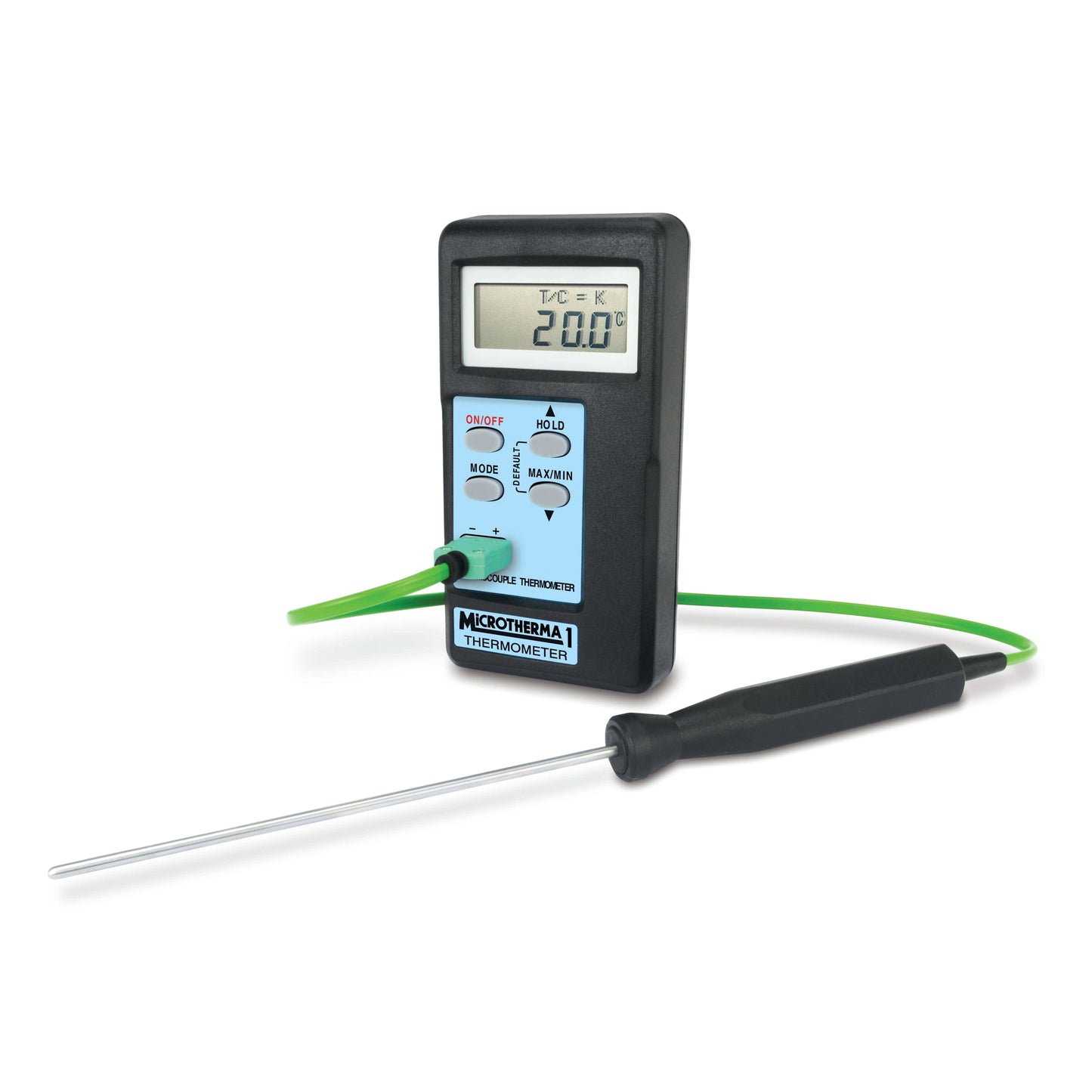 Un thermomètre numérique MicroTherma 1 avec une sonde attachée. [Marque : Thermomètre.fr]