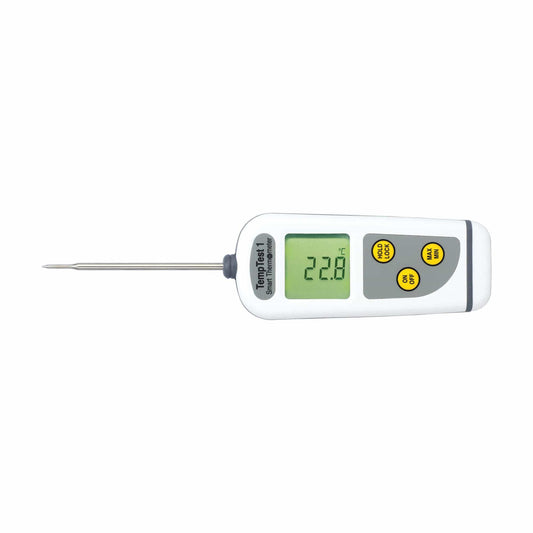 un termometro intelligente TempTest 1 con display rotante a 360 gradi di Thermometer.fr su sfondo bianco.