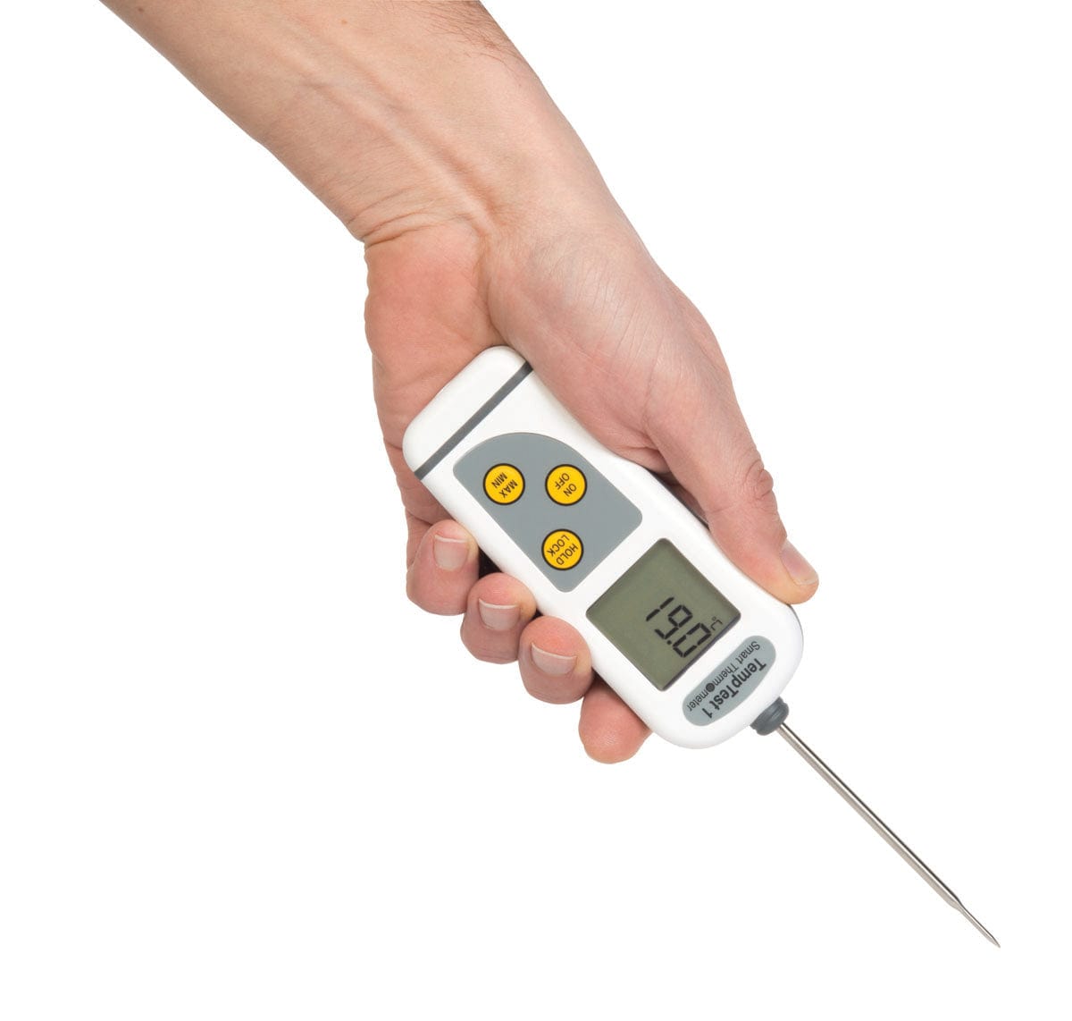 une main tenant un Thermomètre intelligent TempTest 1 avec affichage rotatif à 360 degrés de Thermometre.fr sur fond blanc.