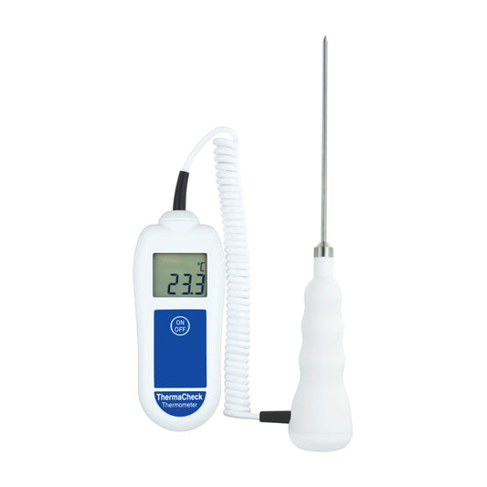 un thermomètre numérique ThermaCheck de Thermometre.fr sur fond blanc.