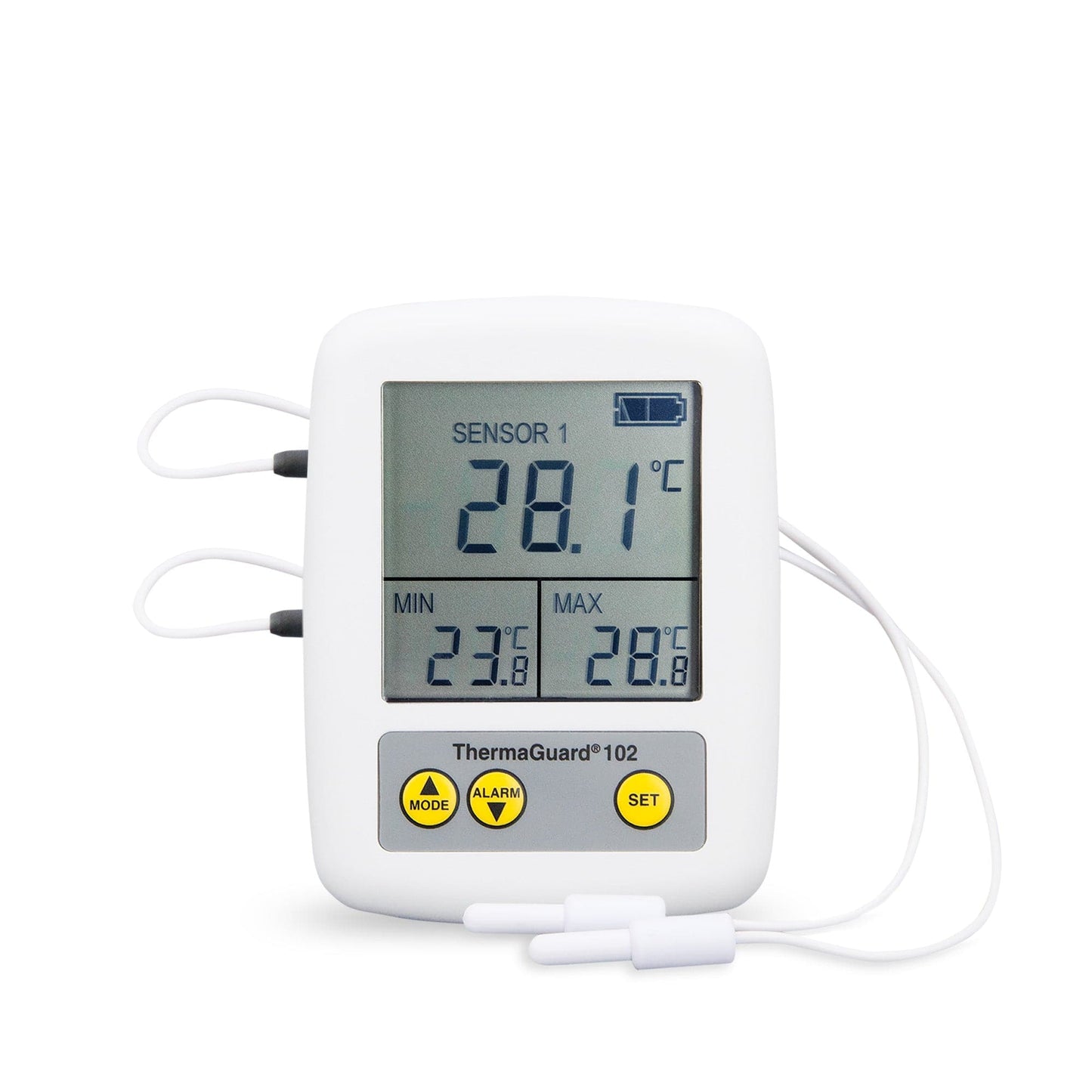 un thermomètre numérique ThermaGuard sur fond blanc.