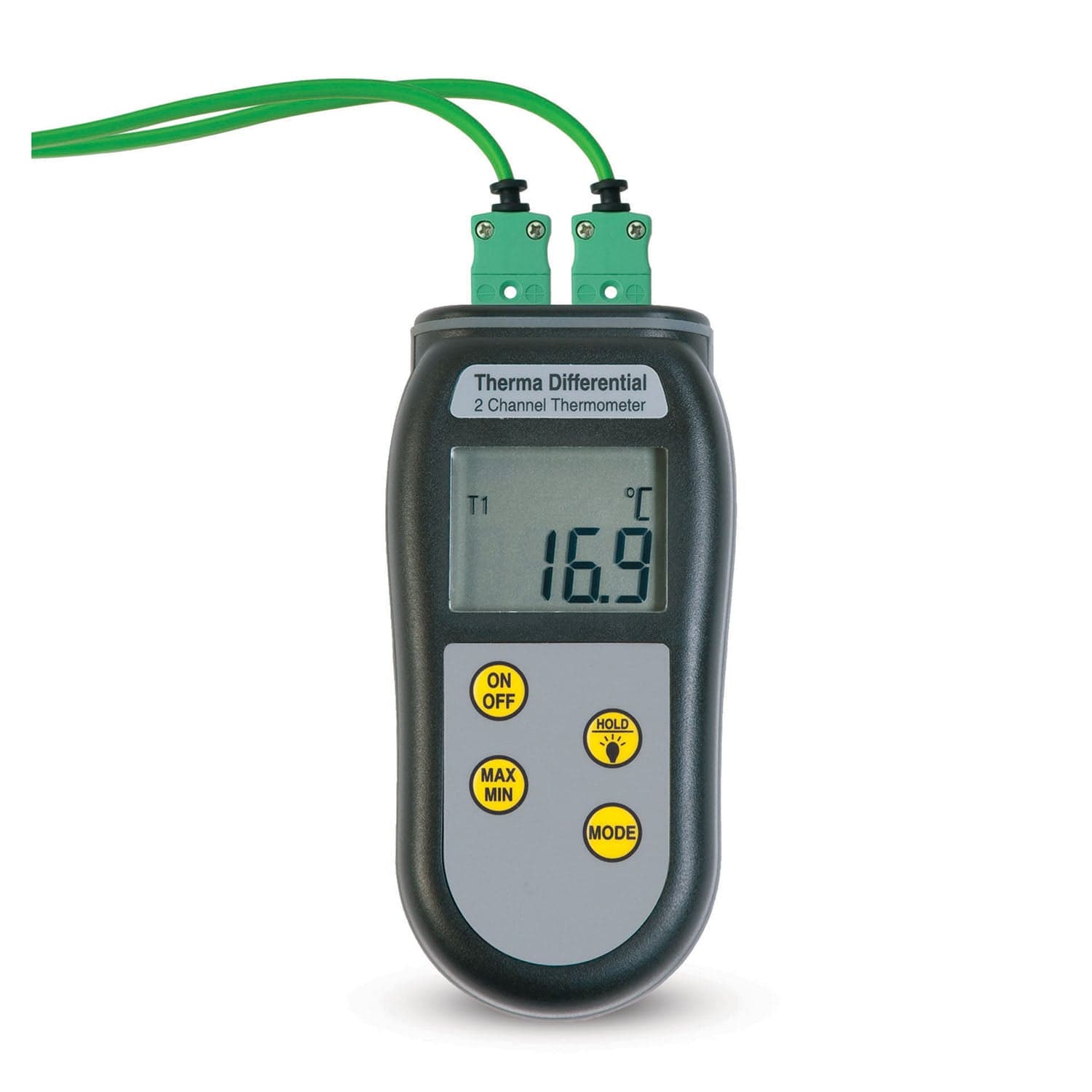 un thermomètre numérique Thermometer.eu auquel est attaché un cordon vert.