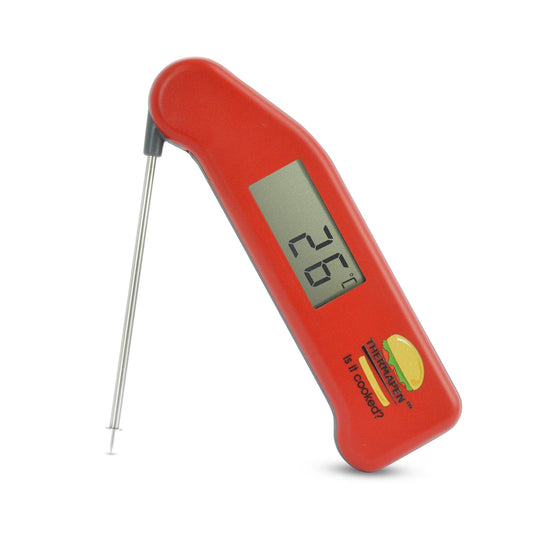 Un thermomètre numérique Thermometre.fr avec une poignée rouge.