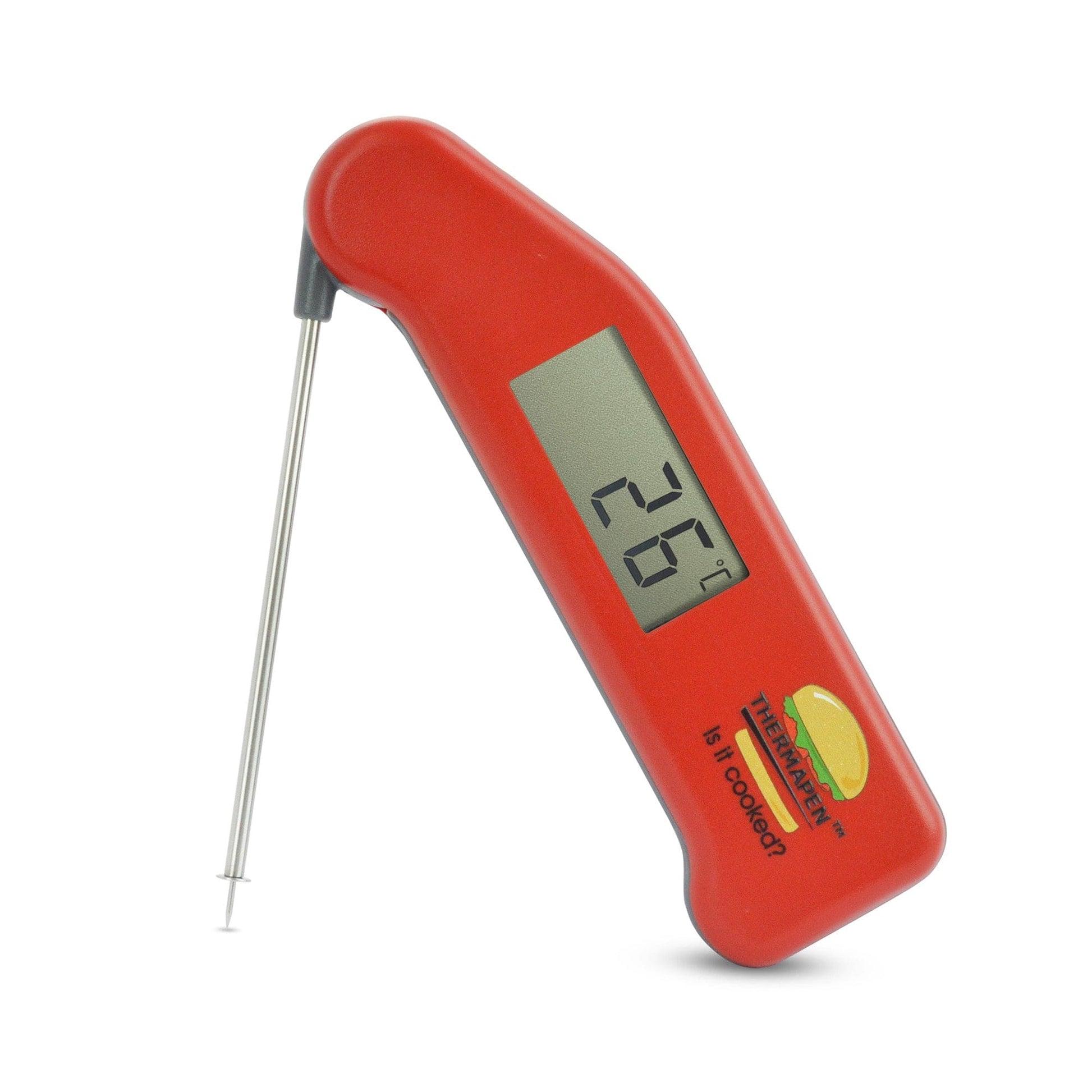 Un thermomètre numérique Thermometre.fr avec une poignée rouge.