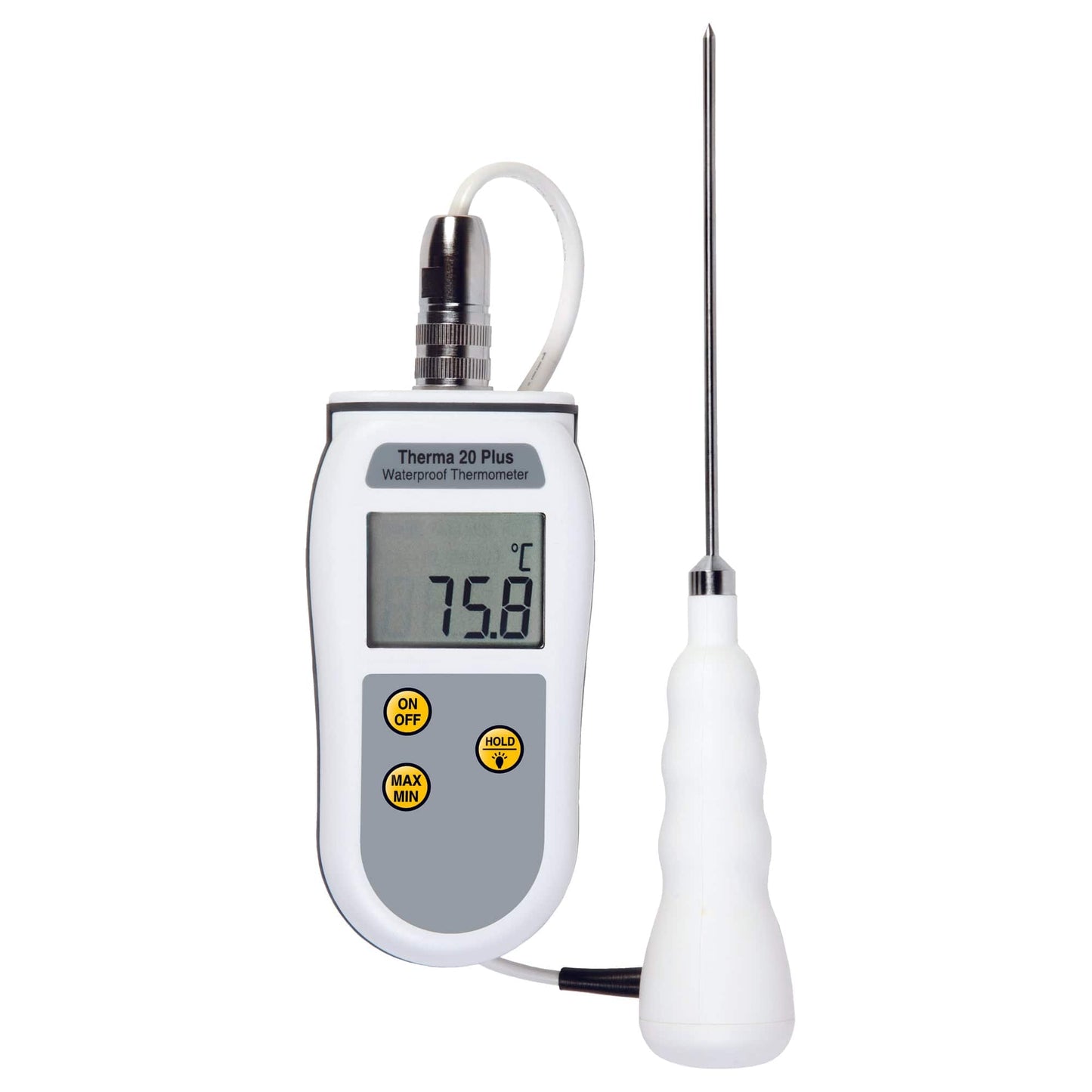 un Thermomètre étanche numérique Therma 20 Plus pour la transformation des aliments avec un thermomètre attaché.