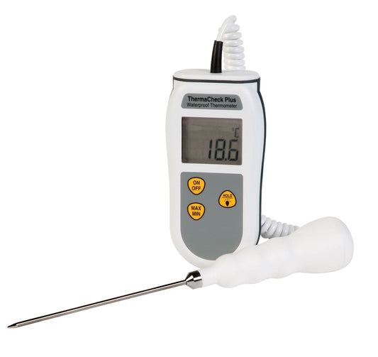 un termometro digitale impermeabile ThermaCheck Plus e una sonda di Thermometer.fr su sfondo bianco.