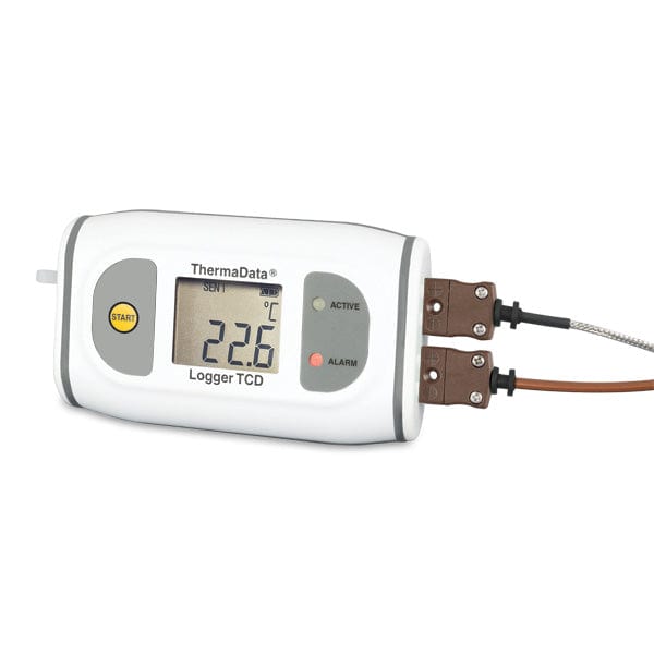 un Enregistreurs thermocouple ThermaData pour applications haute température avec deux sondes attachées, vendu par Thermometre.fr.