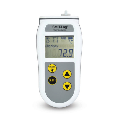 Una registrazione della temperatura senza supporto cartaceo Thermometer.fr Saf-T-Log HACCP su sfondo bianco.