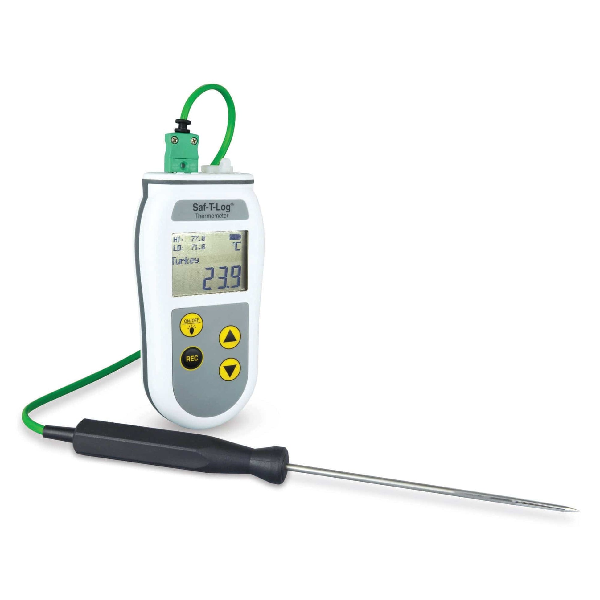 Un termometro digitale HACCP Saf-T-Log di Thermometer.fr su sfondo bianco.
