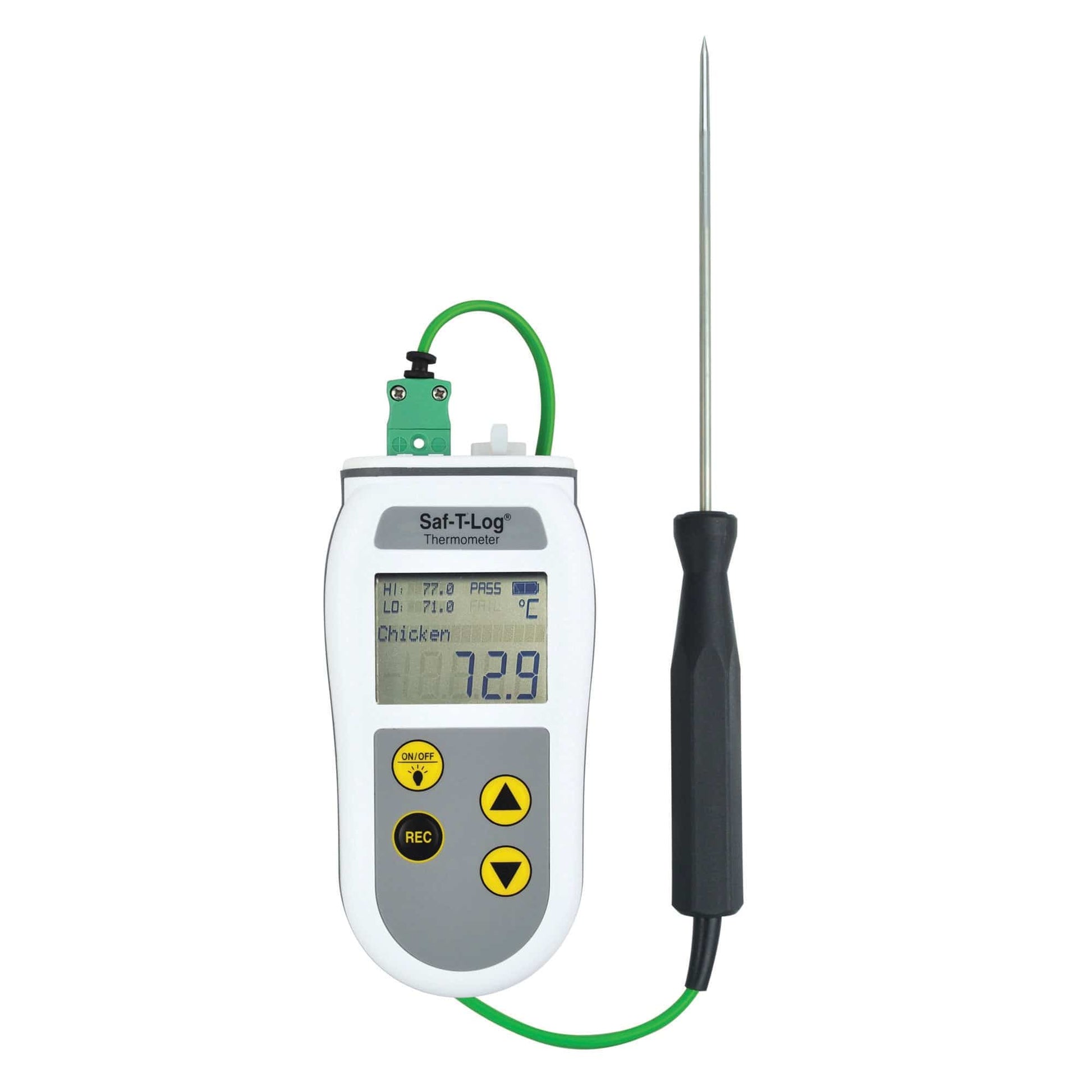 un termometro digitale HACCP Saf-T-Log su sfondo bianco di Thermometer.fr.
