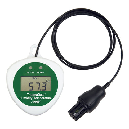 un Enregistreur de données de température d'humidité HTDF auquel est attaché un cordon de Thermometre.fr.