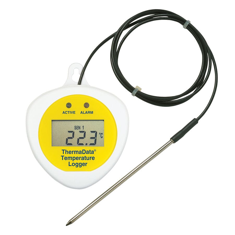 un registratore di dati ThermaData TDF, LCD con sensore fisso esterno di Thermometer.fr a cui è collegata una sonda.