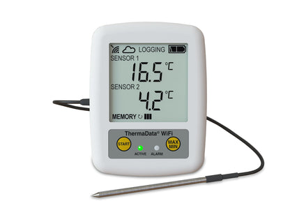Un Thermomètre enregistreur Wifi - thermistance à deux canaux de Thermometre.fr sur fond blanc.
