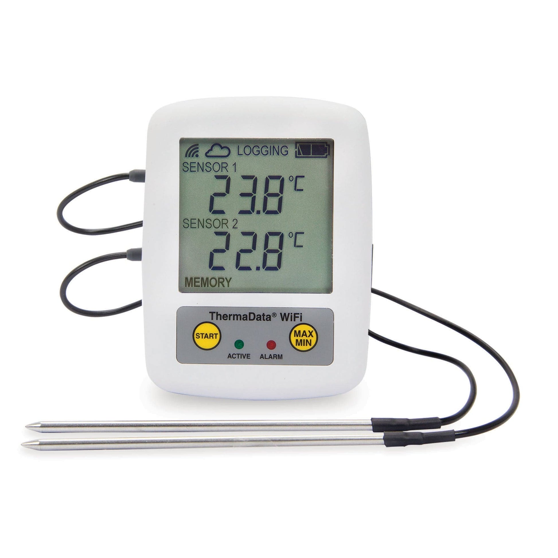 Un thermomètre numérique Thermometre.fr sur fond blanc.