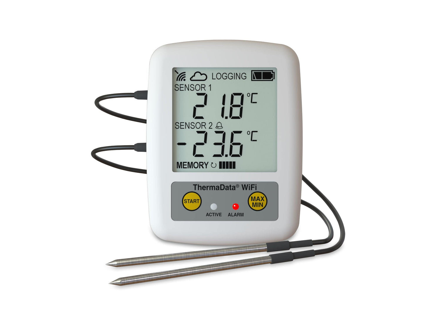 un Thermomètre enregistreur Wifi - thermistance à deux canaux externes de Thermometre.fr sur fond blanc.