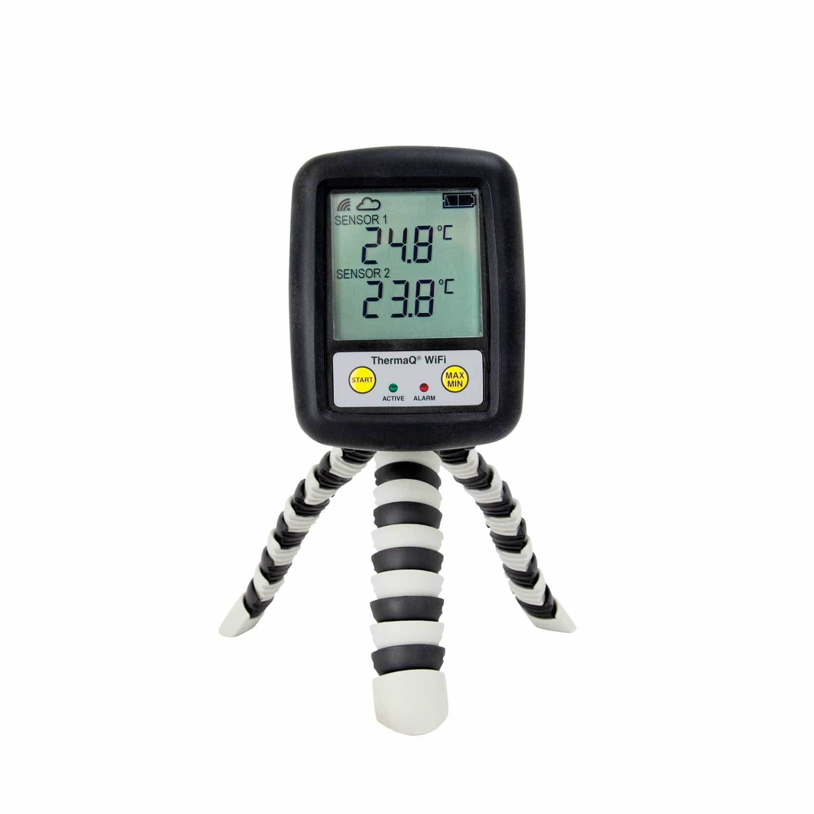 un Thermomètre et enregistreur de barbecue professionnel ThermaQ WiFi noir et blanc de Thermometre.fr sur un support.