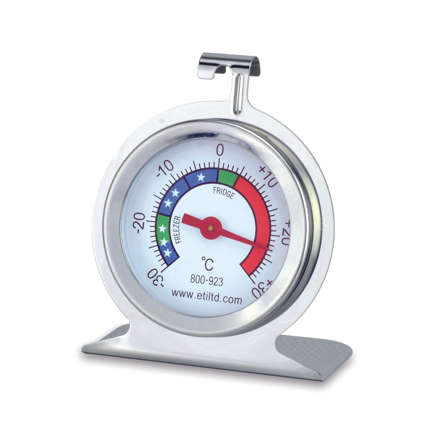 Un termometro in acciaio inossidabile Thermometer.fr su sfondo bianco.