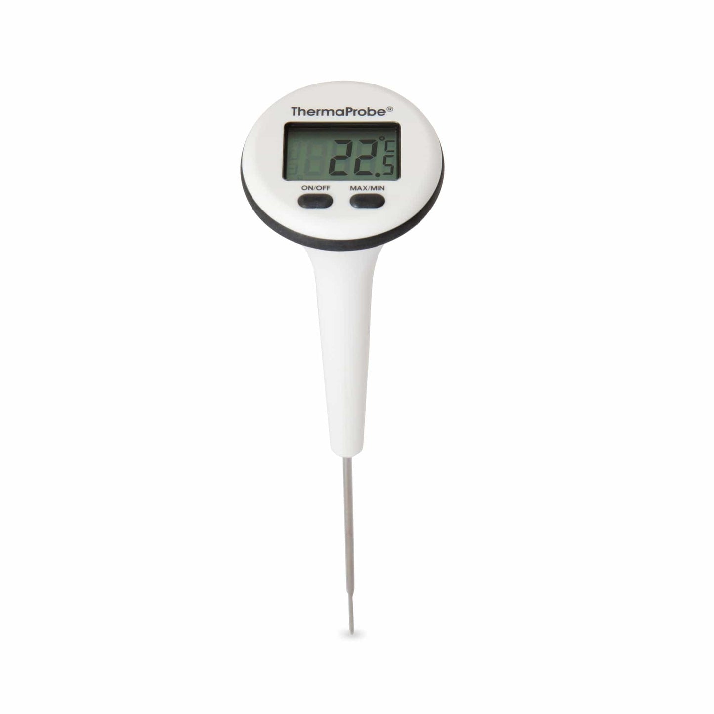 un Thermomètre étanche ThermaProbe à affichage rotatif sur fond blanc de Thermometre.fr.