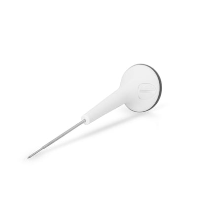un Thermomètre étanche ThermaProbe blanc à affichage rotatif sur une surface blanche