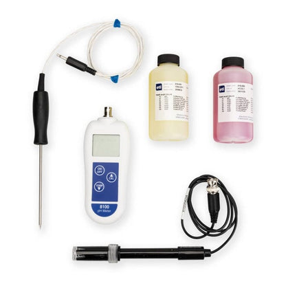 un Kit pH-mètre et température 8100 qui comprend un thermomètre, deux sondes et deux flacons.