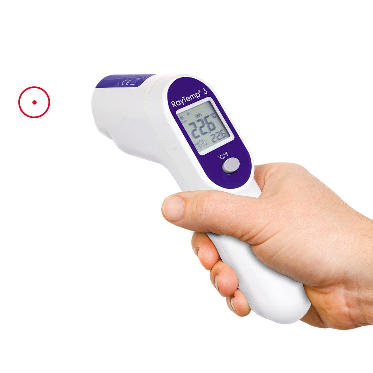 une main tenant un thermomètre infrarouge RayTemp 3 de Thermometre.fr.