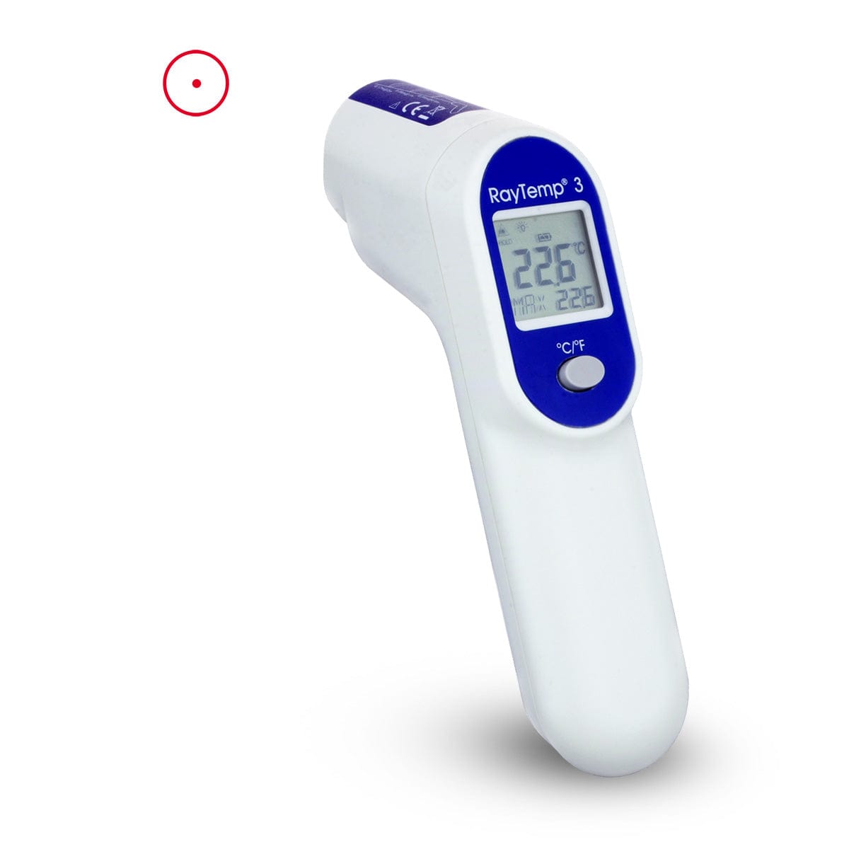 Un Thermomètre infrarouge RayTemp 3 sur fond blanc.