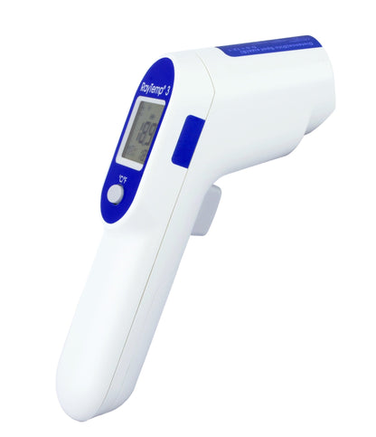 un thermomètre infrarouge Thermometre.fr sur fond blanc.