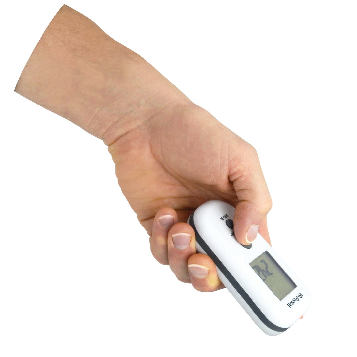 une main tenant un Thermomètre.fr - Thermomètre de poche - thermomètre infrarouge sur fond blanc.