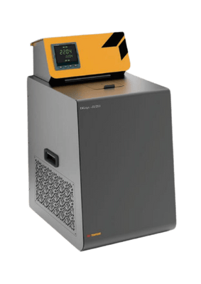 Une machine Tempsens jaune et noire sur fond noir conçue pour l'étalonnage RTD/thermocouple. La machine peut être utilisée avec le Bain liquide Calsys -35/200.