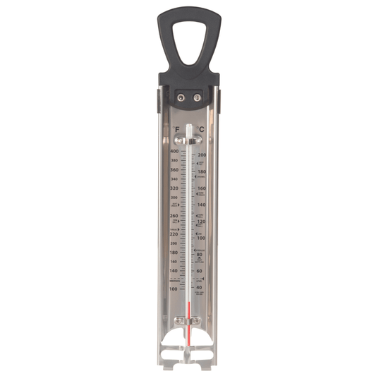 un Thermomètre de cuisinier pour confiserie, friture et confiture avec poignée sur fond blanc par Thermometre.fr.