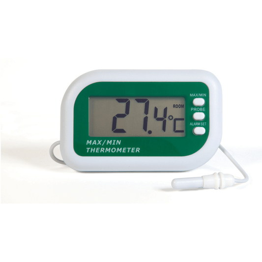 un Thermomètre d'alarme numérique max min avec capteurs internes et externes de Thermometre.fr sur fond blanc.