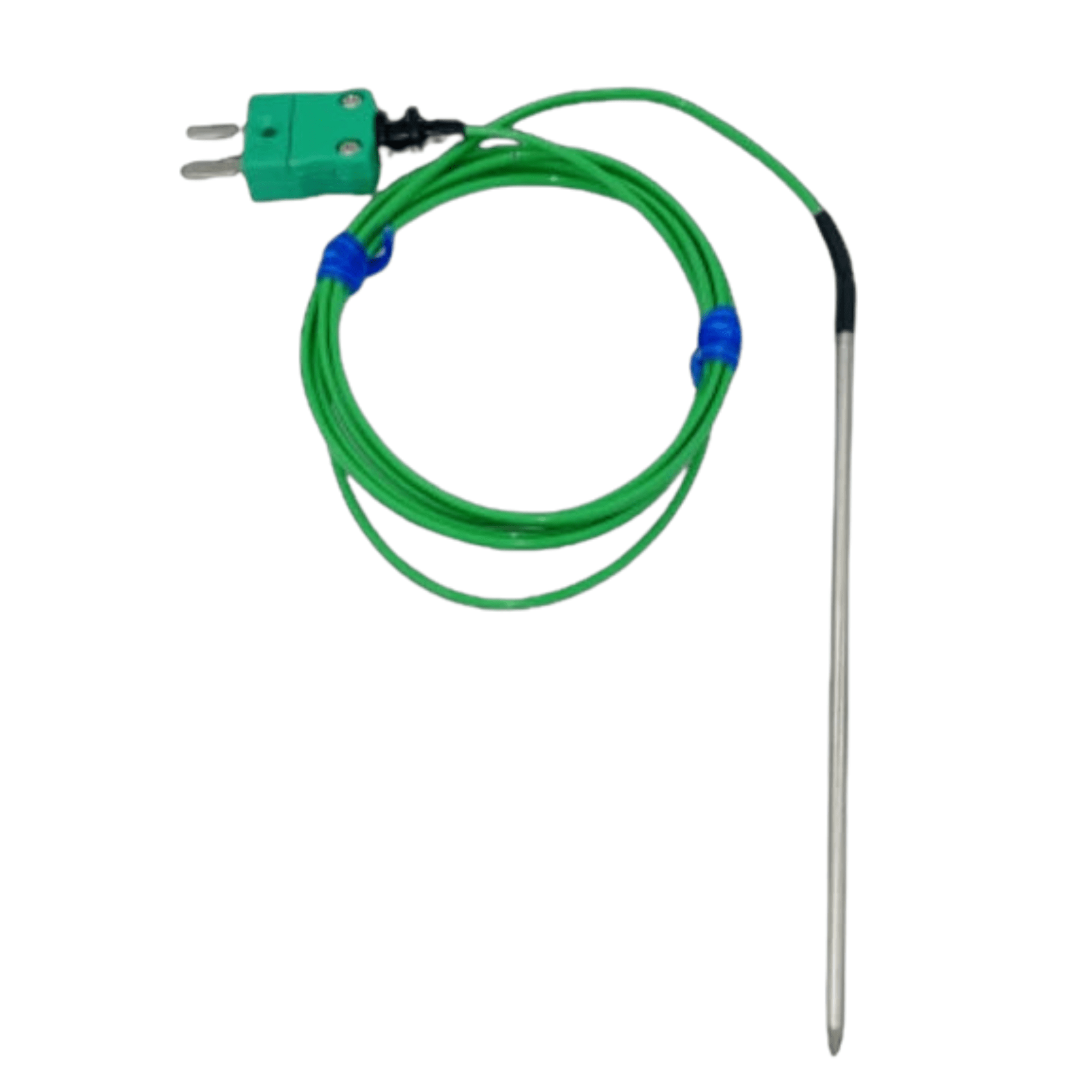 Une Sonde de pénétration à usage général verte avec un fil attaché, conçue à des fins de pénétration par Thermomètre.fr.