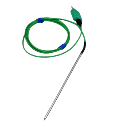 Una sonda di penetrazione verde per uso generale collegata a un filo blu di Thermométrie.fr.