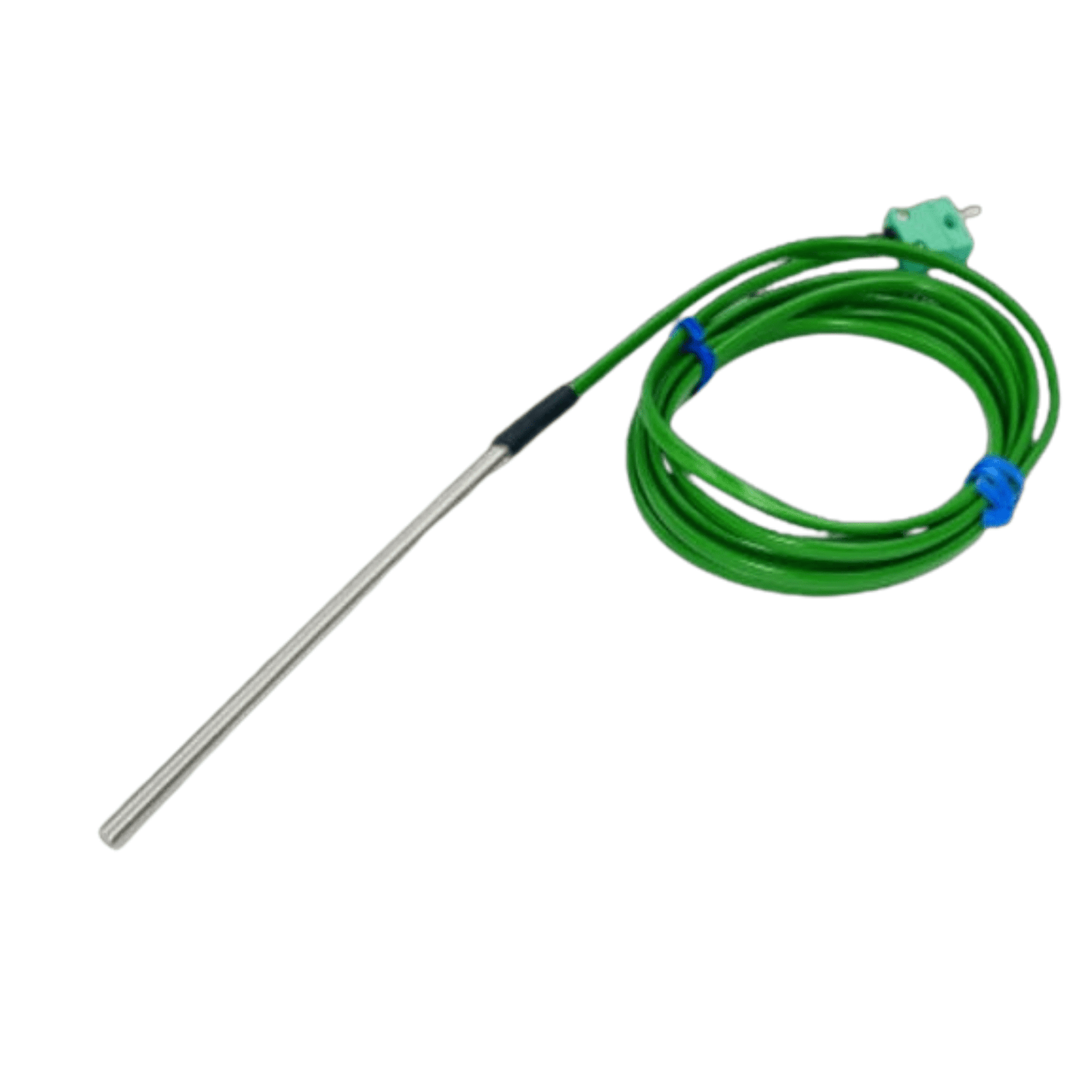 Una sonda di temperatura verde per uso generale con un diametro di 4,8 mm per applicazioni industriali di Thermométrie.fr su sfondo bianco.