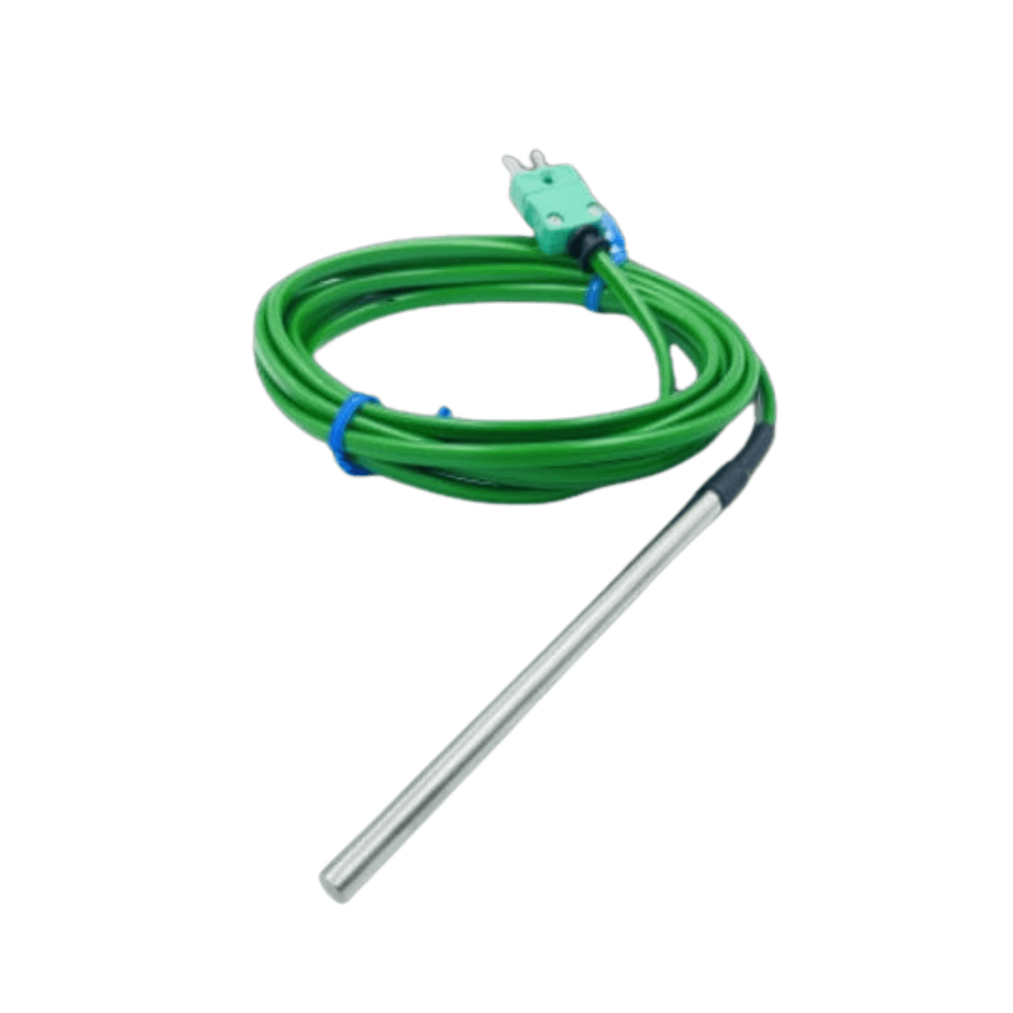 Un câble vert avec une tige métallique conçu pour les applications de température, la Sonde de température à usage général Thermomètre.fr diamètre 6 mm.