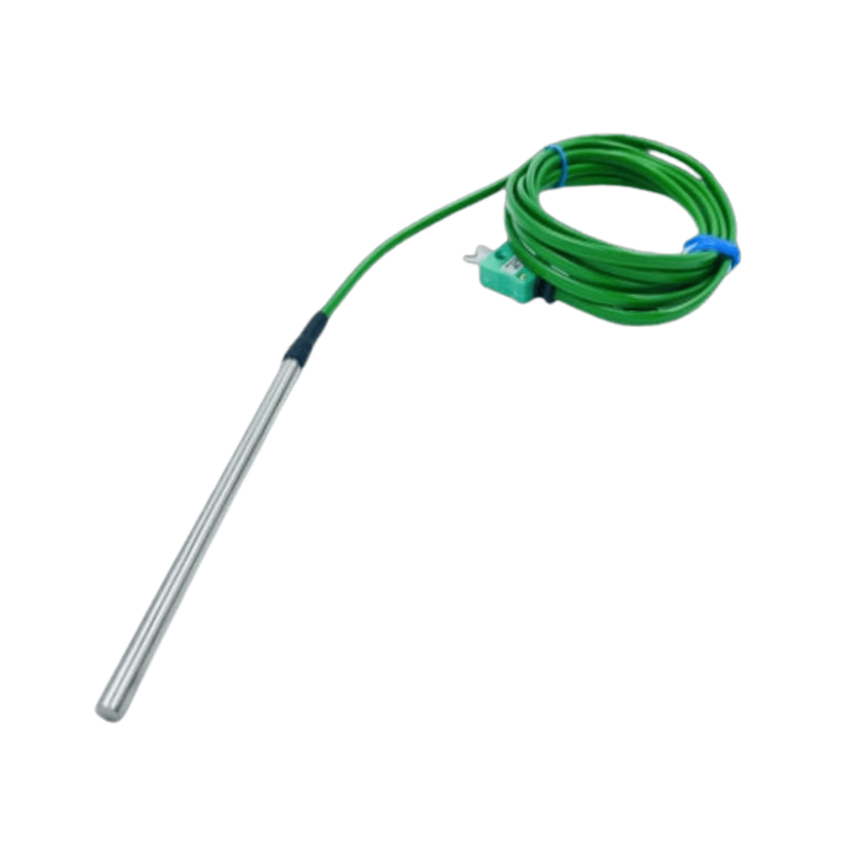 Un thermomètre Thermomètre.fr vert avec un fil attaché à sa Sonde de température à usage général diamètre 6 mm pour les applications de température.
