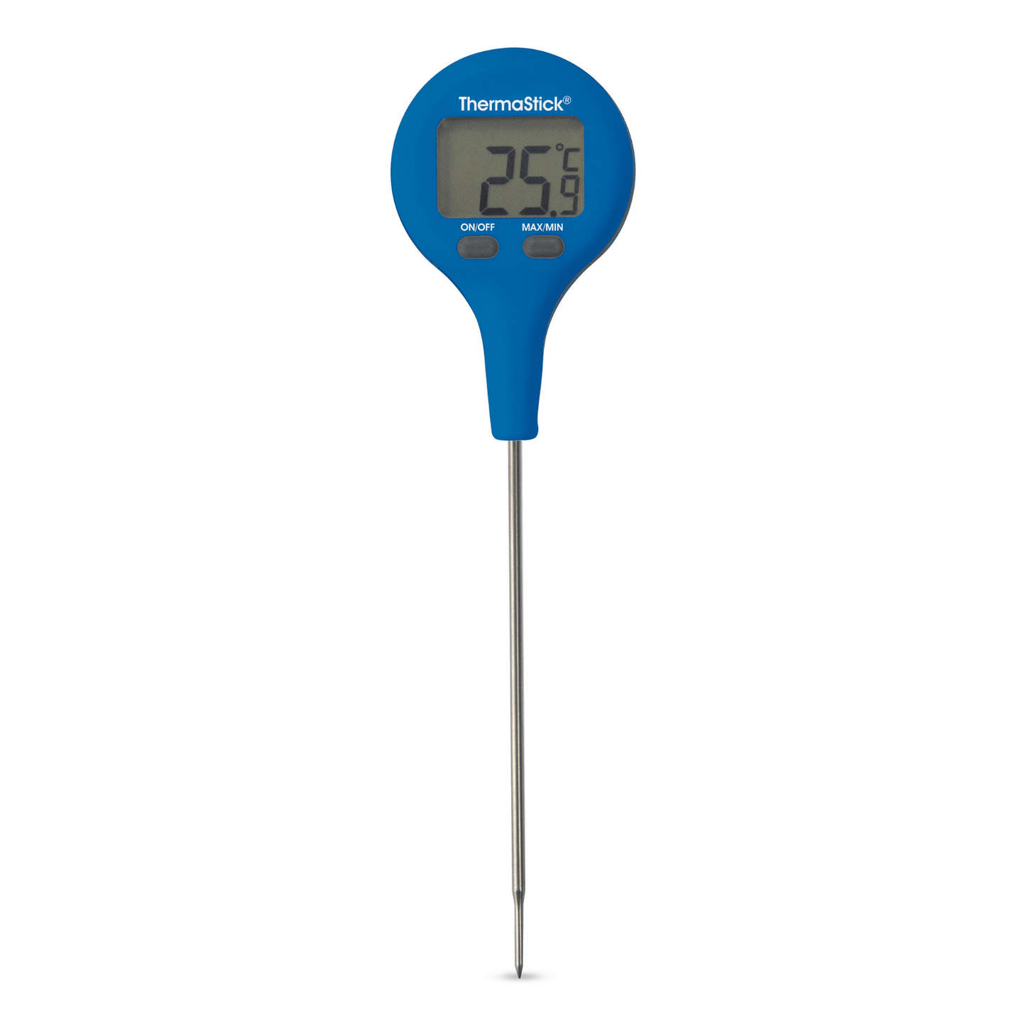 un thermomètre numérique Thermometre.fr ThermaStick bleu sur fond blanc.