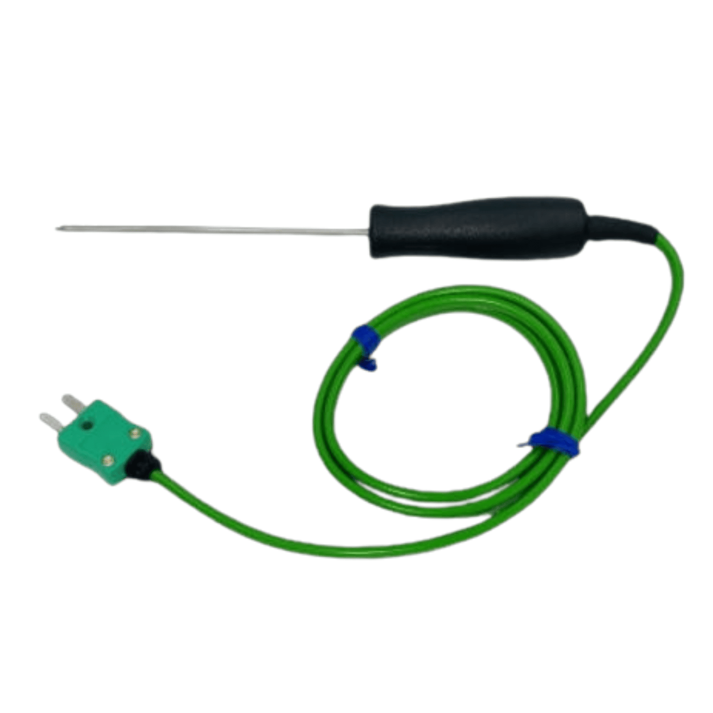 Une Sonde de pénétration miniature à piquer verte avec un fil attaché, parfaite pour vérifier les aliments délicats par Thermomètre.fr.