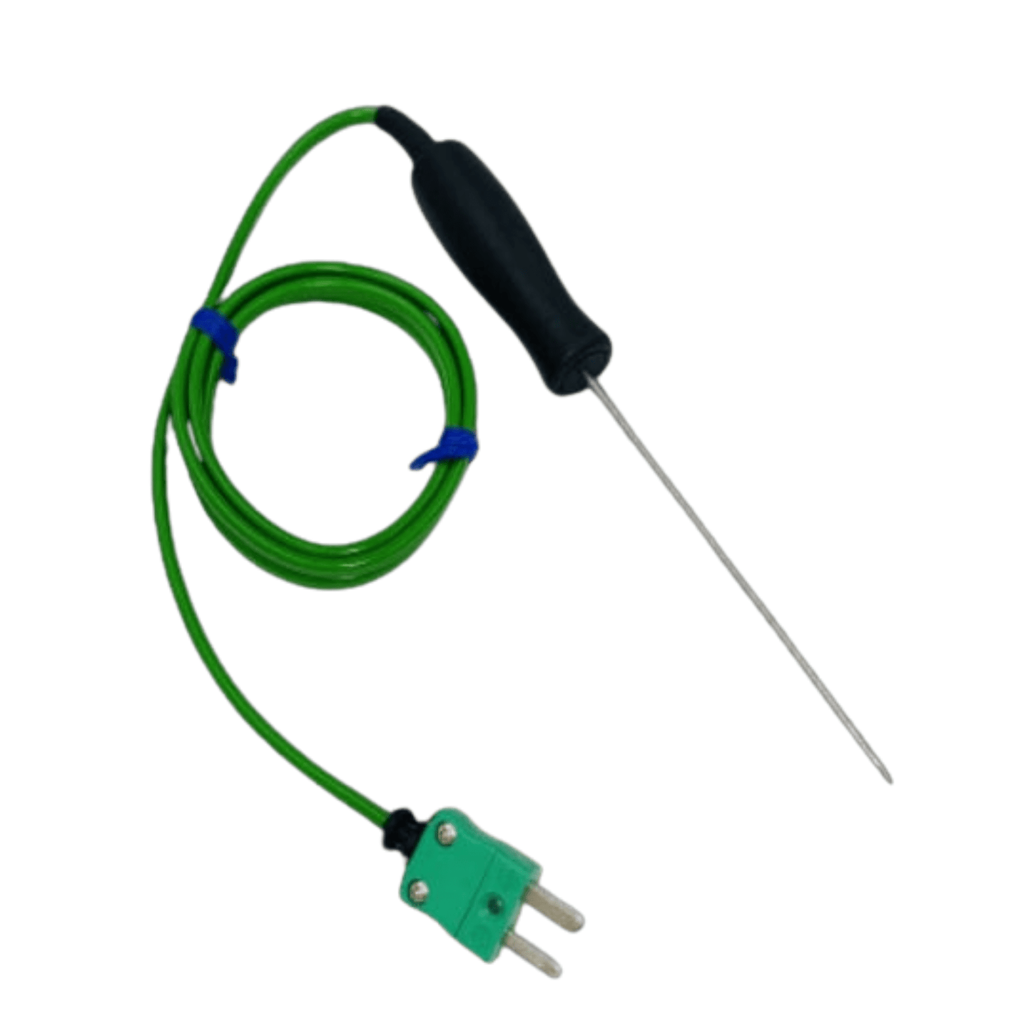 Une Sonde de pénétration miniature à piquer verte avec un fil attaché, parfaite pour les aliments délicats par Thermomètre.fr.