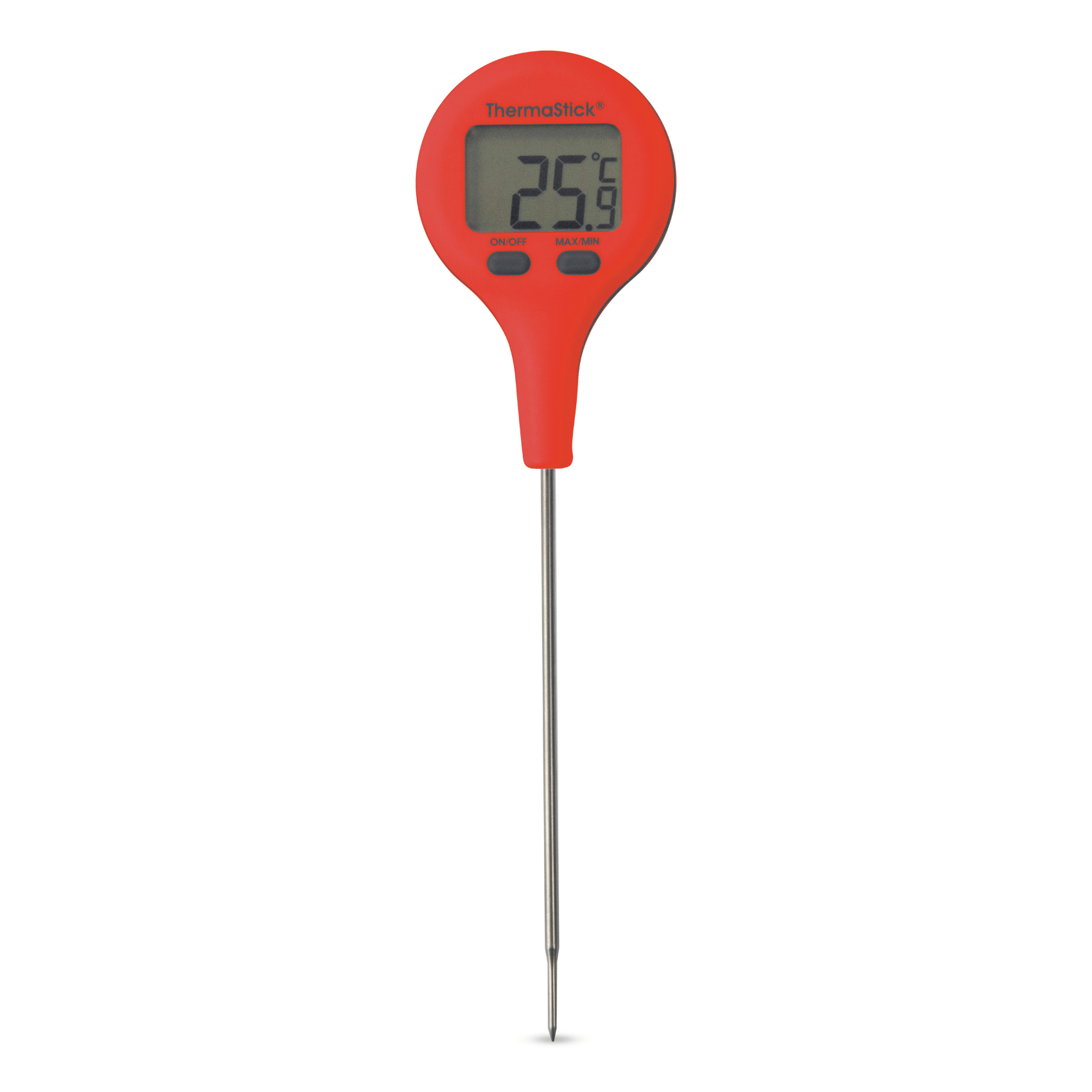 un thermomètre numérique Thermometre.fr ThermaStick rouge sur fond blanc.