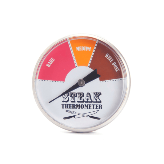 un termometro da bistecca in acciaio inossidabile con quadrante da 45 mm di Thermometer.fr su sfondo bianco.