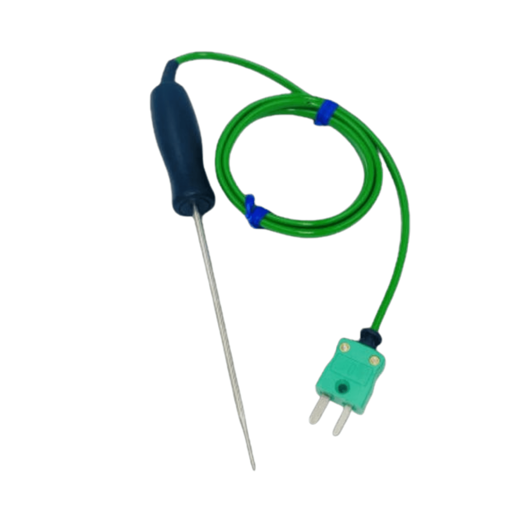 Un termometro in miniatura verde Sonda a penetrazione a risposta rapida utilizzata per misurare la temperatura, con un filo flessibile collegato da Thermometer.fr.