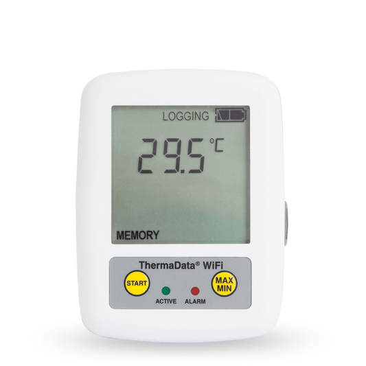 Un termometro con registrazione WiFi wireless con sensore interno di Thermometer.fr su sfondo bianco.