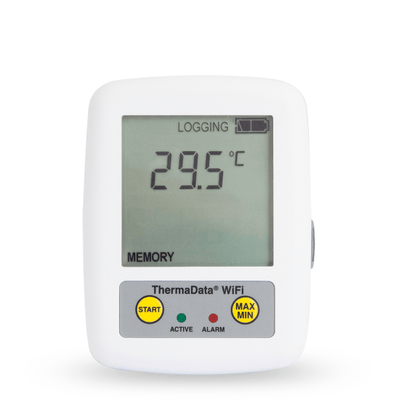 Un Thermomètre enregistreur WiFi sans fil avec capteur interne de Thermometre.fr sur fond blanc.