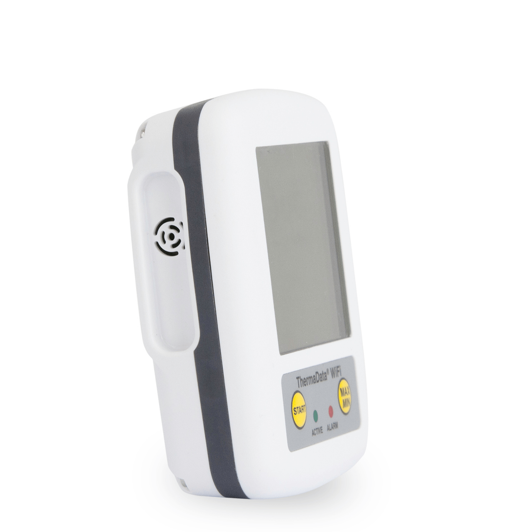 un Thermomètre enregistreur WiFi sans fil avec capteur interne de Thermometre.fr sur fond blanc.