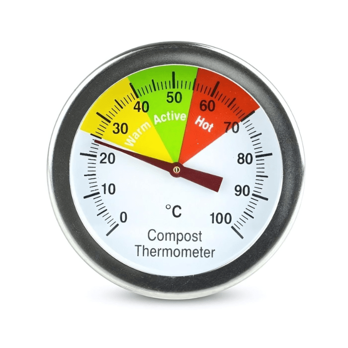 Un thermomètre à compost Thermometer.fr en acier inoxydable avec un cadran affichant une plage de température de 0°C à 100°C, avec des zones marquées.